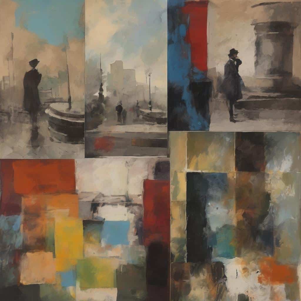 Γαλάζιοι και γκρίζοι πίνακες με ανθρώπους και αστικά τοπία, δημιουργώντας ονειρική ατμόσφαιρα.