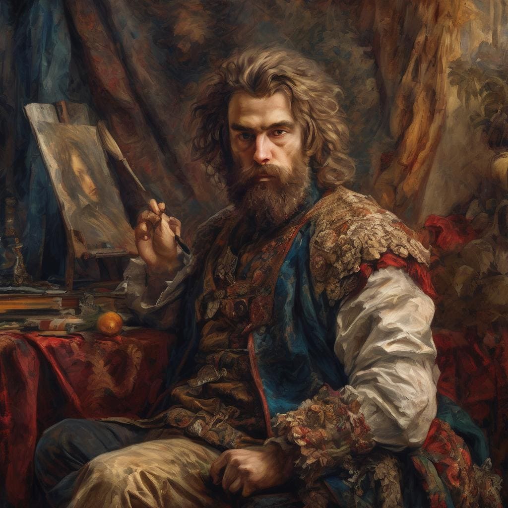 Πορτραίτο μοντέρνου ζωγράφου με πλούσιο φως και σκιά, αποδίδοντας το φανταστικό ως πραγματικότητα.