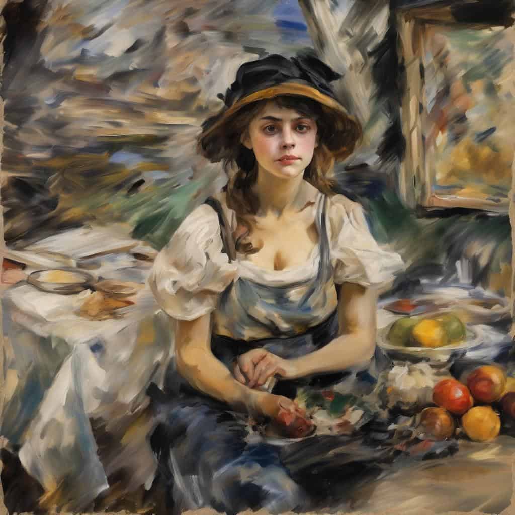 Γυναίκα ζωγραφική με καπέλο σε εστιατόριο, όμορφο πορτρέτο στην art επανάληψη.