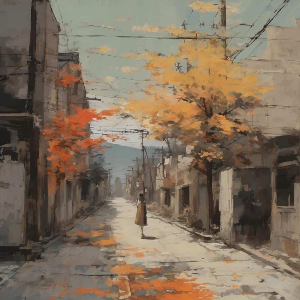 Ρεαλιστικό τοπίο σε αστική γειτονιά το φθινόπωρο με πορτοκαλί και κίτρινα φύλλα δέντρων, ηρεμία και ονειρική ατμόσφαιρα.