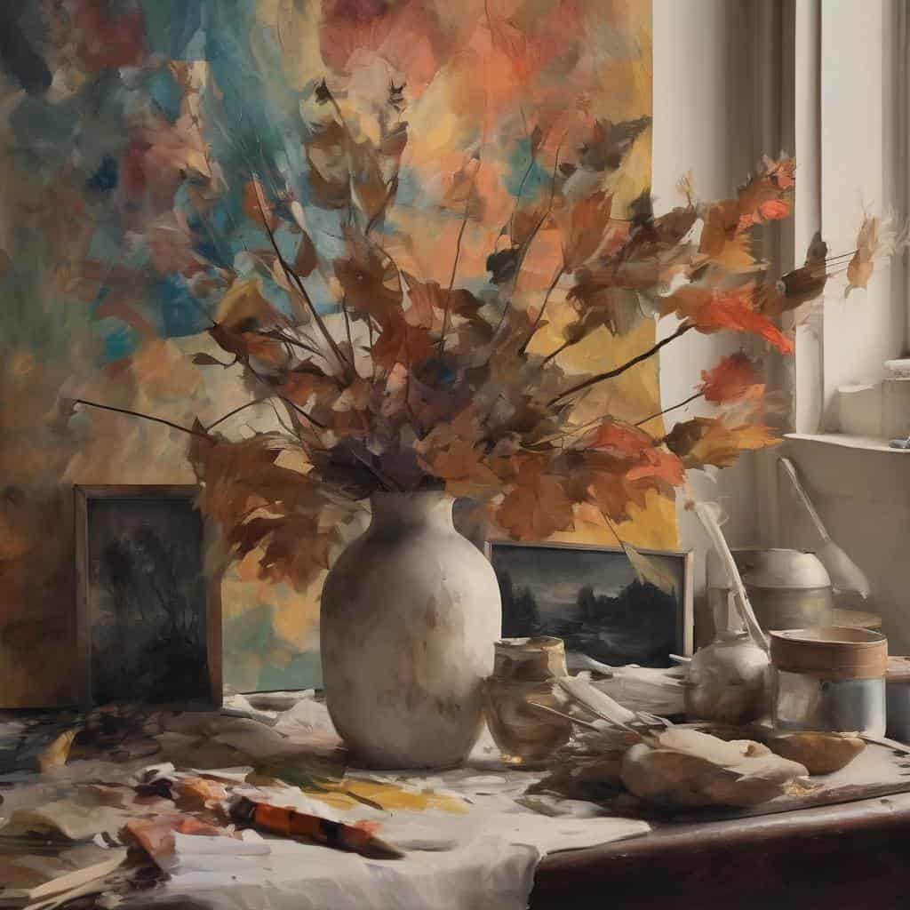 Φθαρμένα φθινοπωρινά φύλλα σε γλάστρα, με πίνακες και αντικείμενα σε κανονική ατμόσφαιρα.