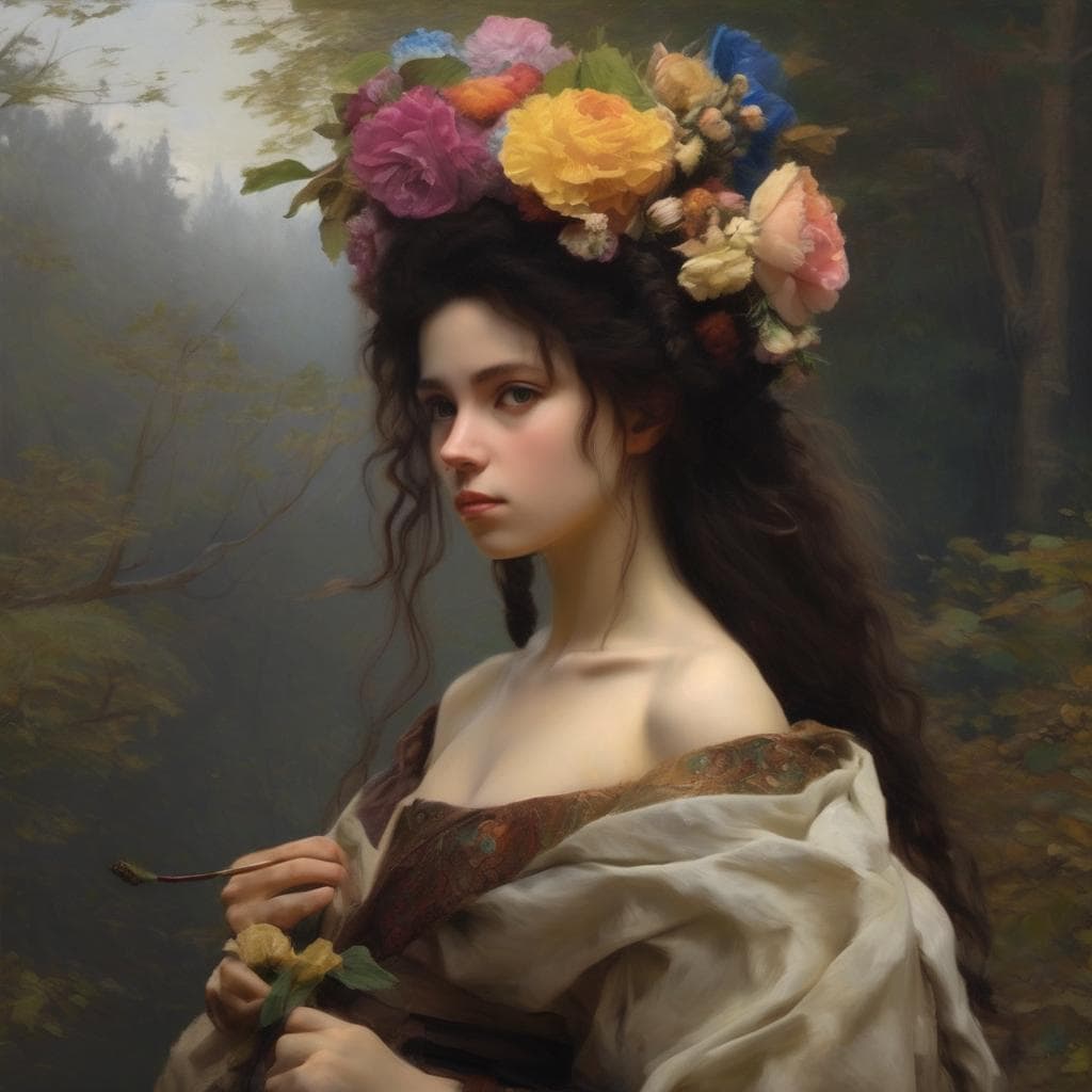 Λευκή νεαρή γυναίκα με λουλούδια σε μακριά καστανά μαλλιά, σε φυσικό περιβάλλον.