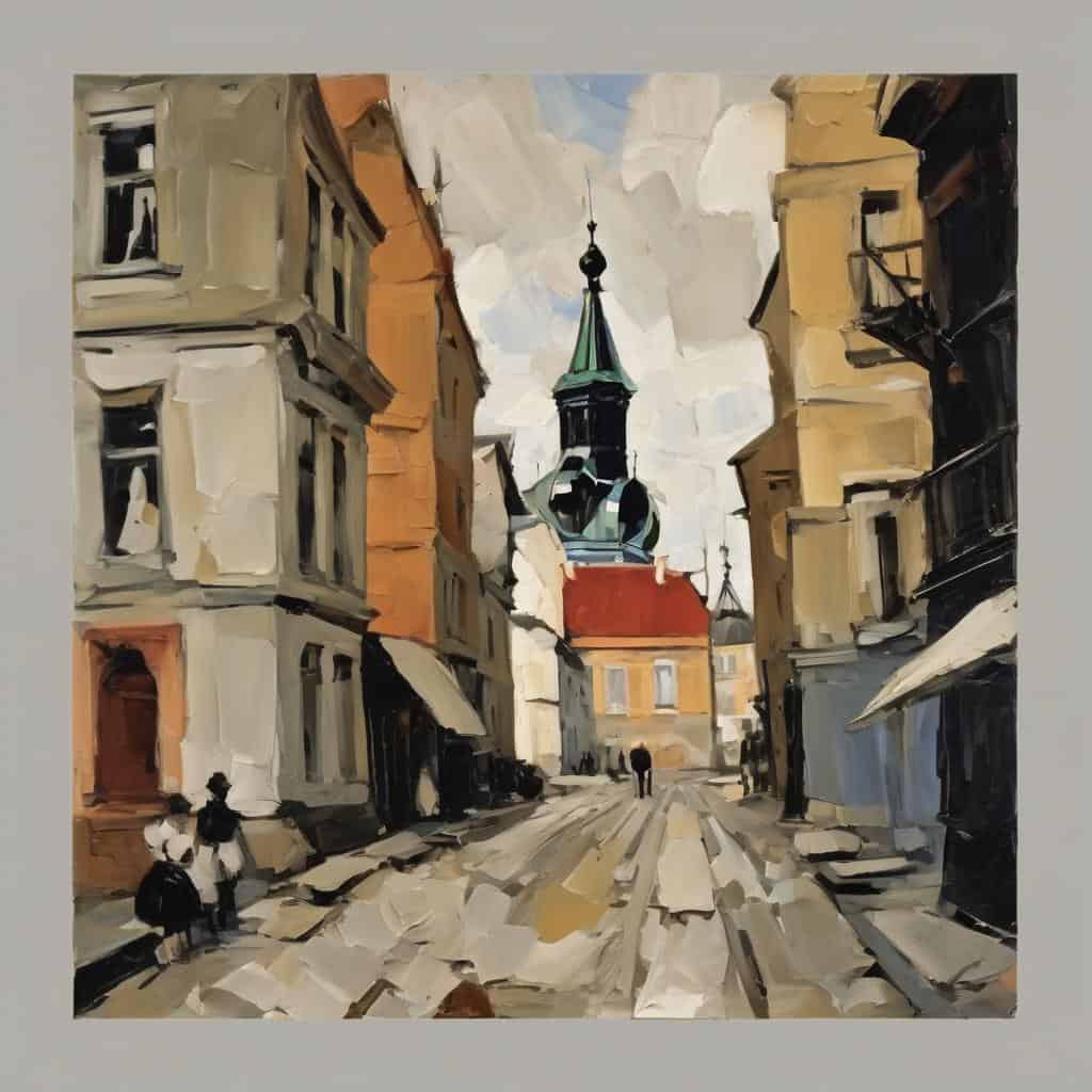 Παράξενη πόλη με καμπαναριό και παλιά κτήρια, ζωγραφική τέχνη, το φανταστικό ως πραγματικότητα.